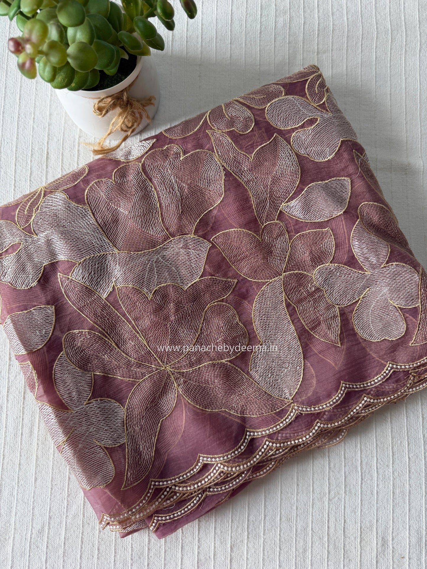 Chiffon saree with colour embroidery and scalloped borders | Wine | SH1