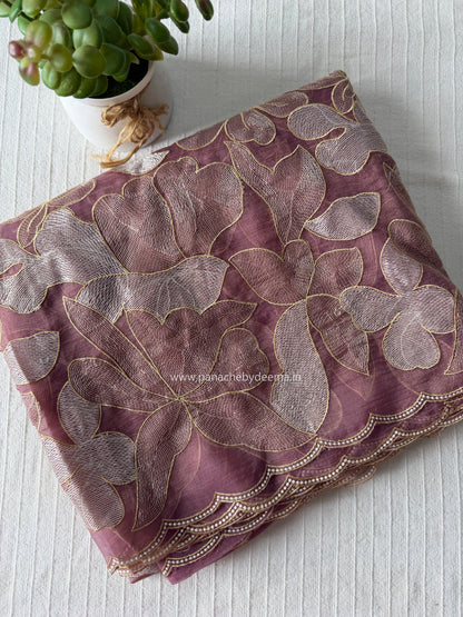 Chiffon saree with colour embroidery and scalloped borders | Wine | SH1