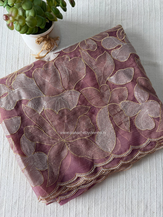 Chiffon saree with colour embroidery and scalloped borders | Wine | SH1