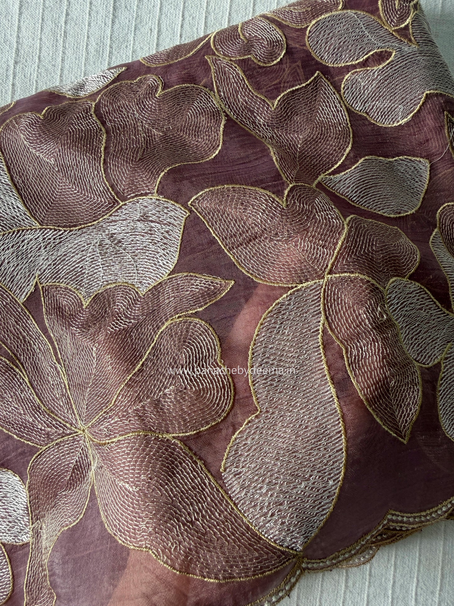 Chiffon saree with colour embroidery and scalloped borders | Wine | SH1
