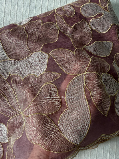 Chiffon saree with colour embroidery and scalloped borders | Wine | SH1