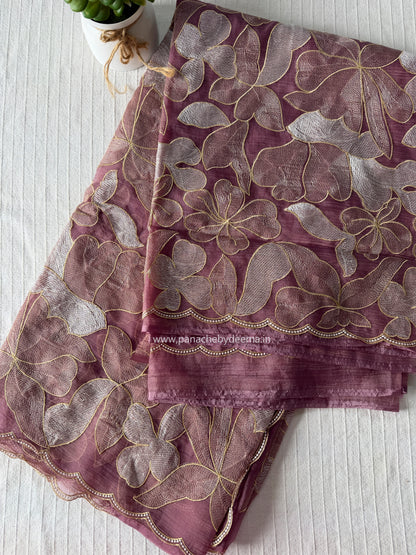 Chiffon saree with colour embroidery and scalloped borders | Wine | SH1