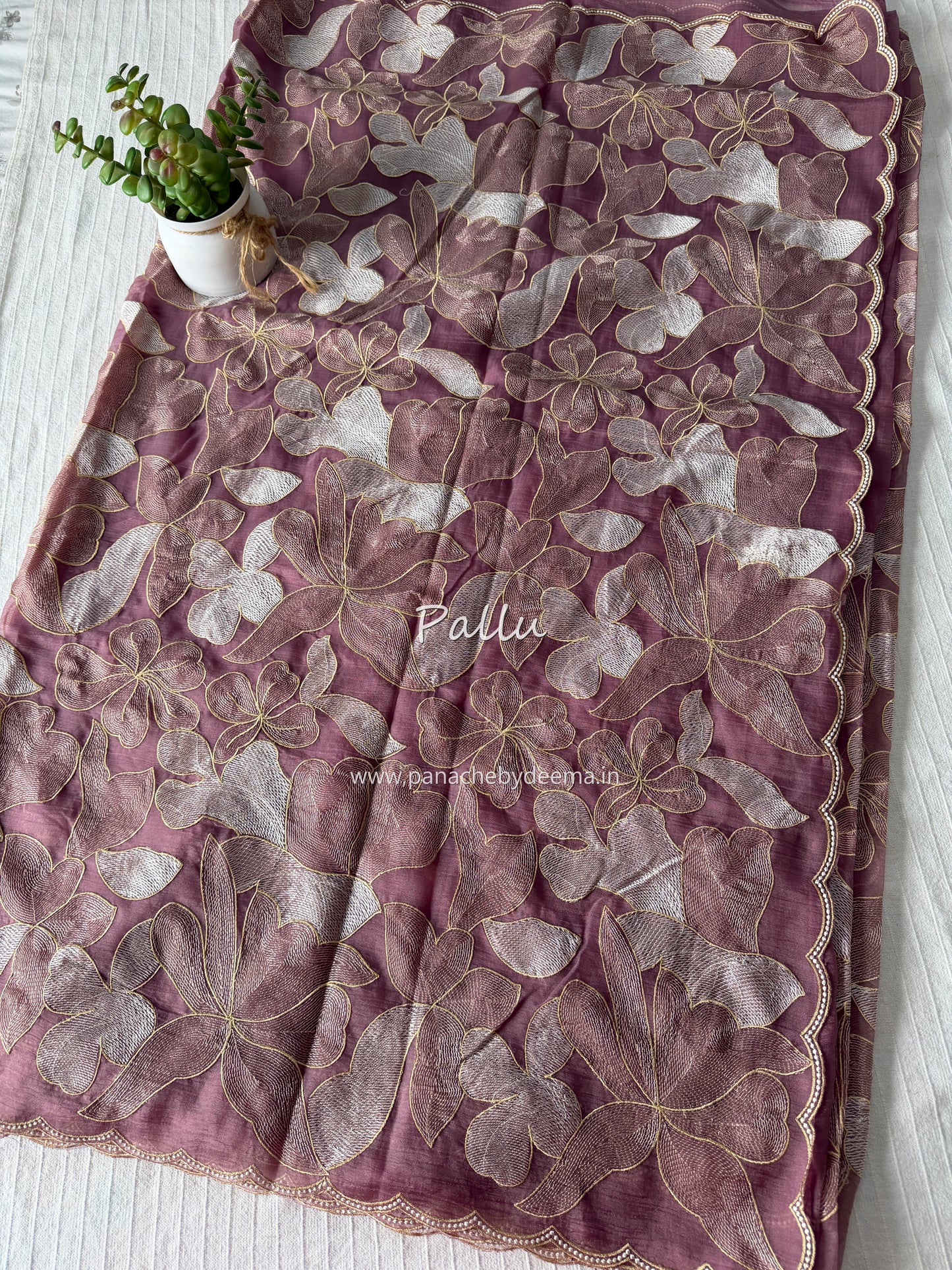 Chiffon saree with colour embroidery and scalloped borders | Wine | SH1