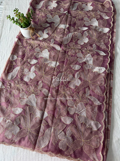 Chiffon saree with colour embroidery and scalloped borders | Wine | SH1