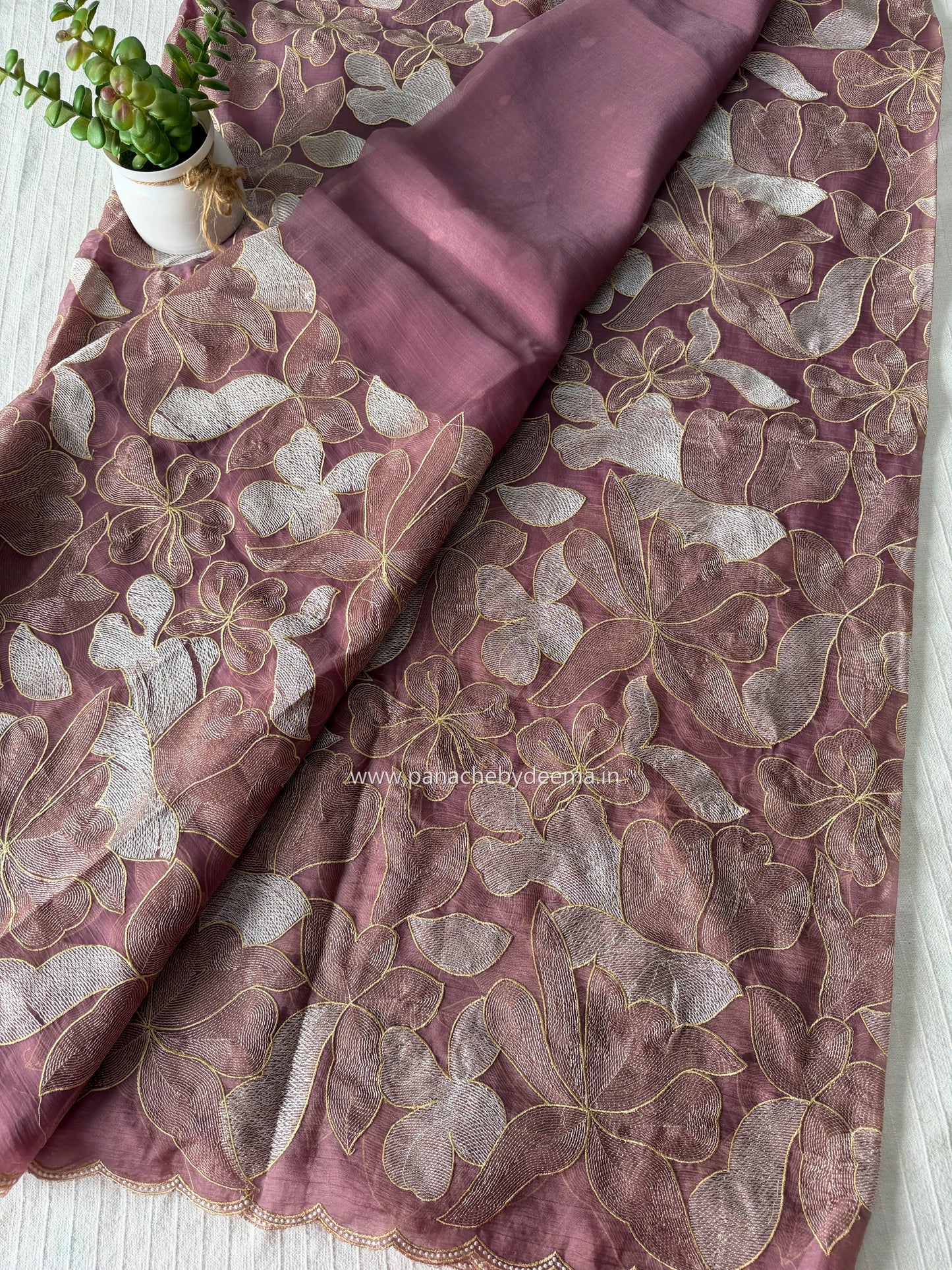 Chiffon saree with colour embroidery and scalloped borders | Wine | SH1