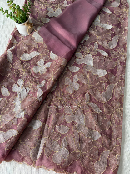 Chiffon saree with colour embroidery and scalloped borders | Wine | SH1