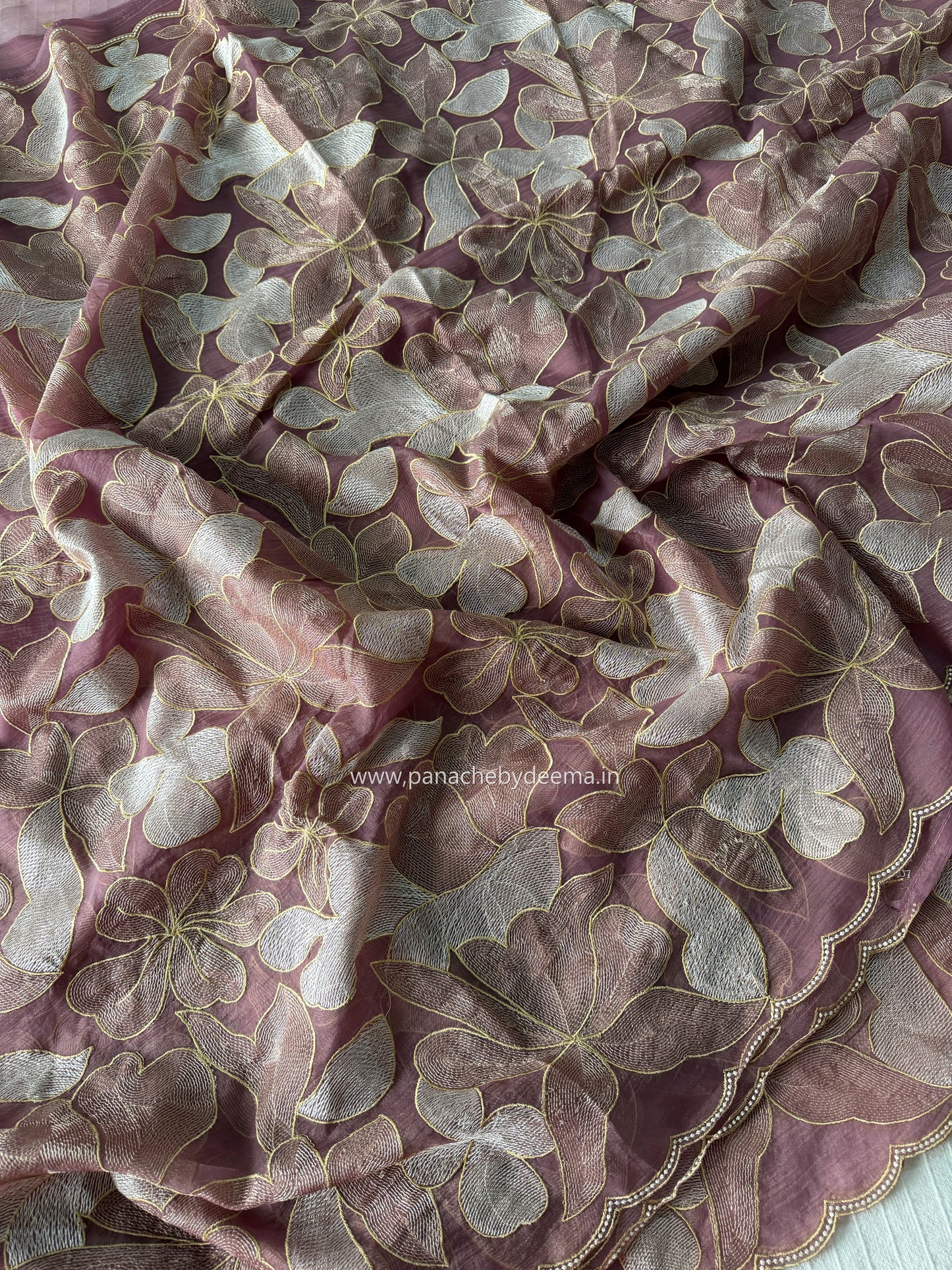 Chiffon saree with colour embroidery and scalloped borders | Wine | SH1