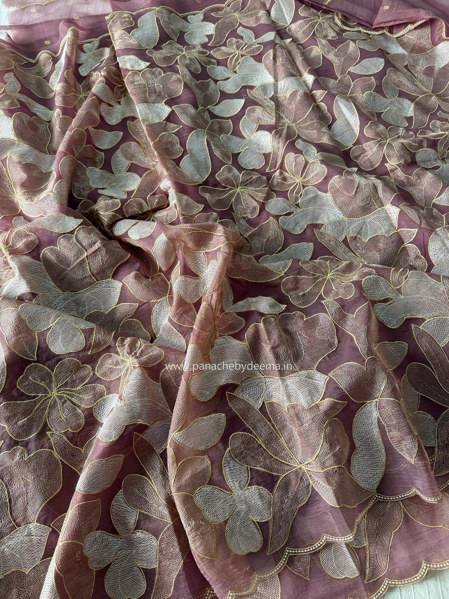 Chiffon saree with colour embroidery and scalloped borders | Wine | SH1