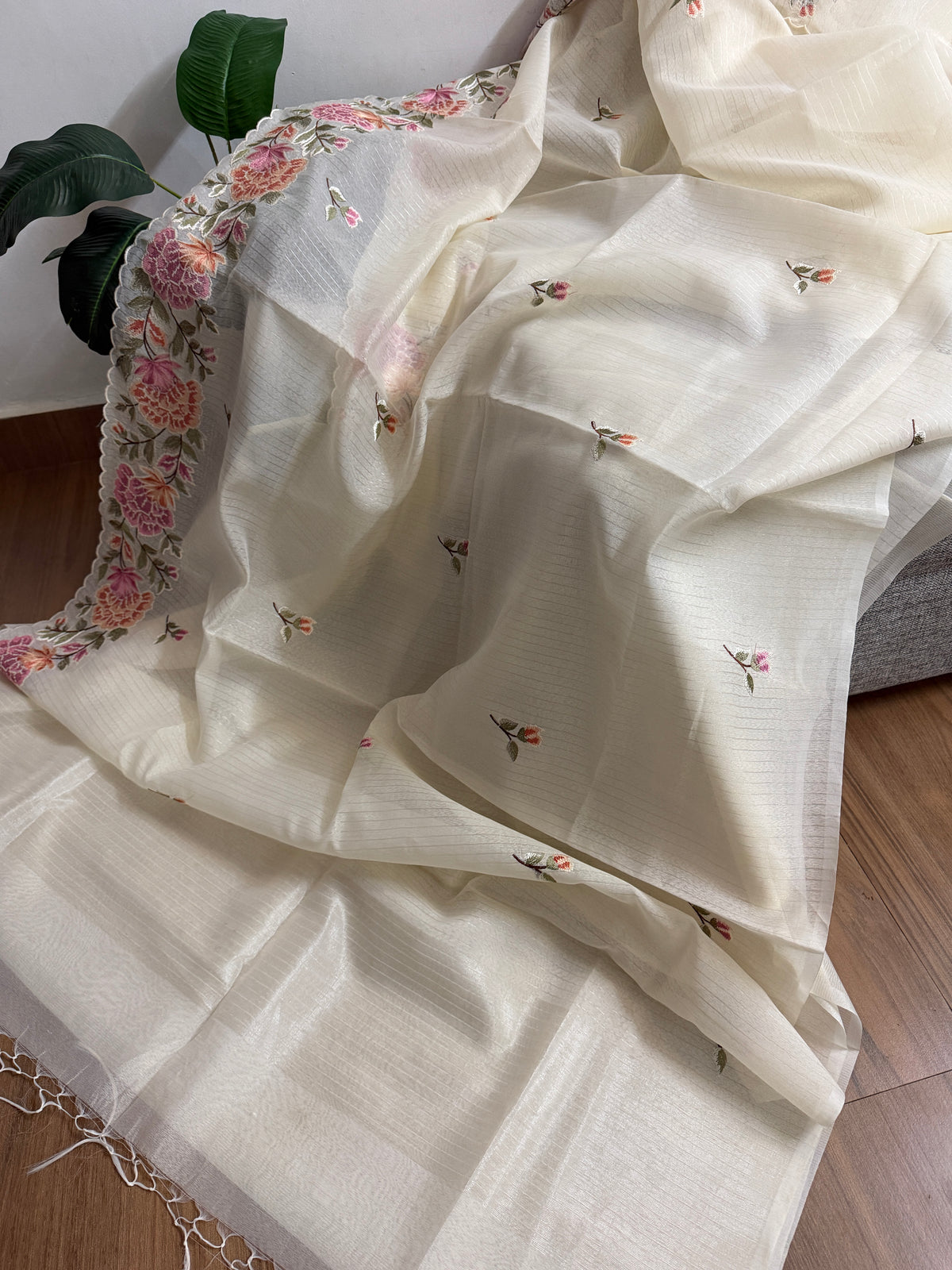 Semi chanderi tissue saree with cross stitch embroidery | Light cream| CHN1