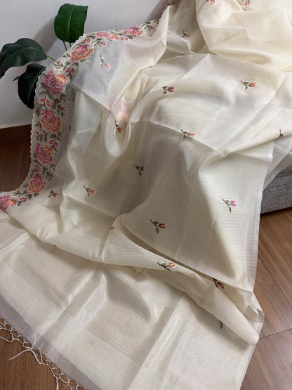 Semi chanderi tissue saree with cross stitch embroidery | Light cream| CHN1