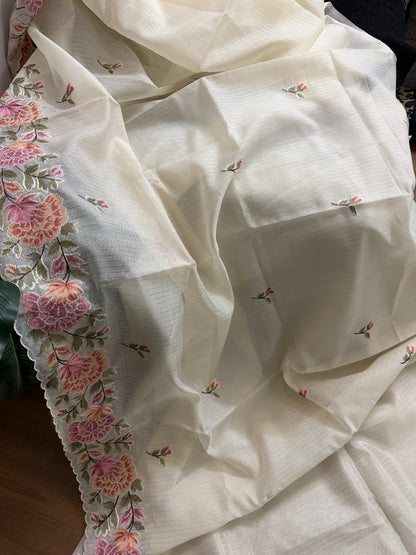 Semi chanderi tissue saree with cross stitch embroidery | Light cream| CHN1