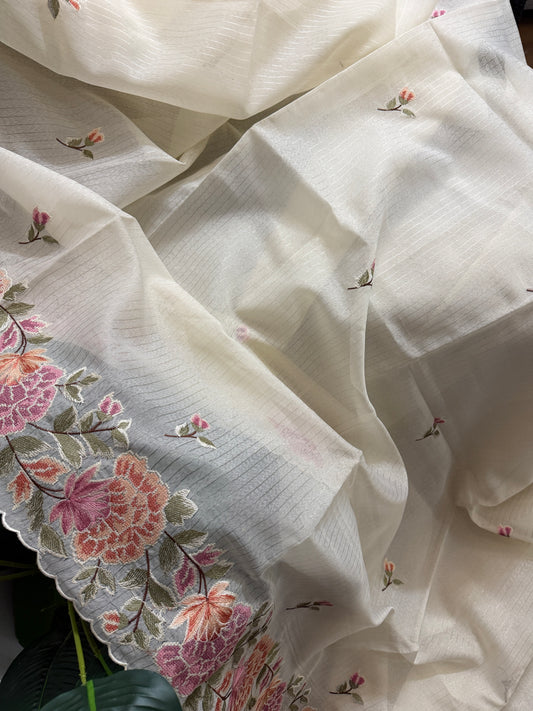Semi chanderi tissue saree with cross stitch embroidery | Light cream| CHN1