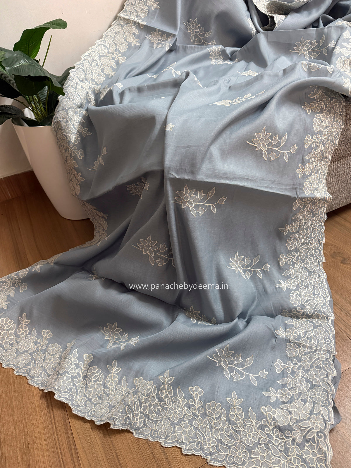 Semi tussar applique cut work saree with scalloped borders | Slate blue| SOT1