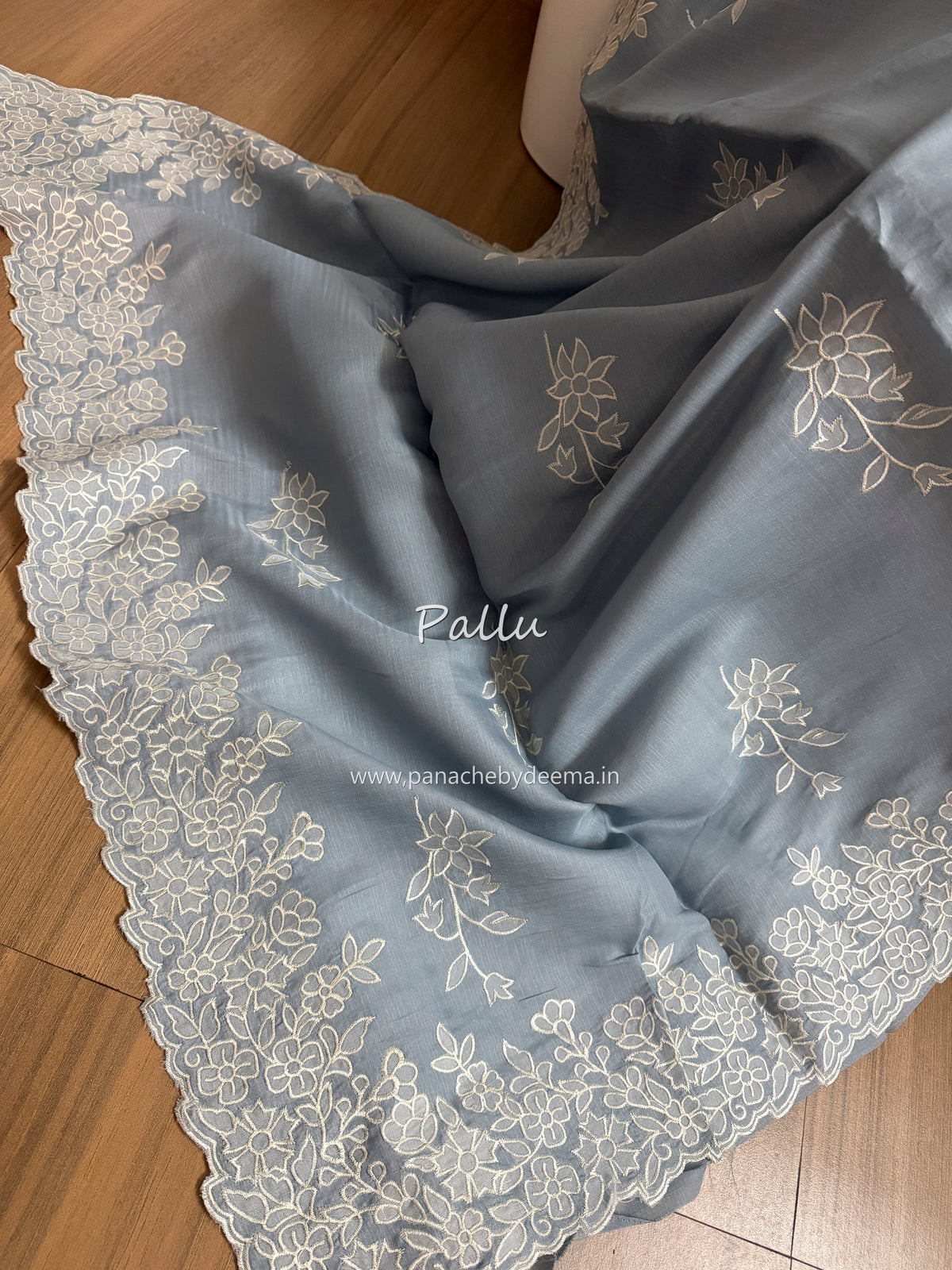 Semi tussar applique cut work saree with scalloped borders | Slate blue| SOT1