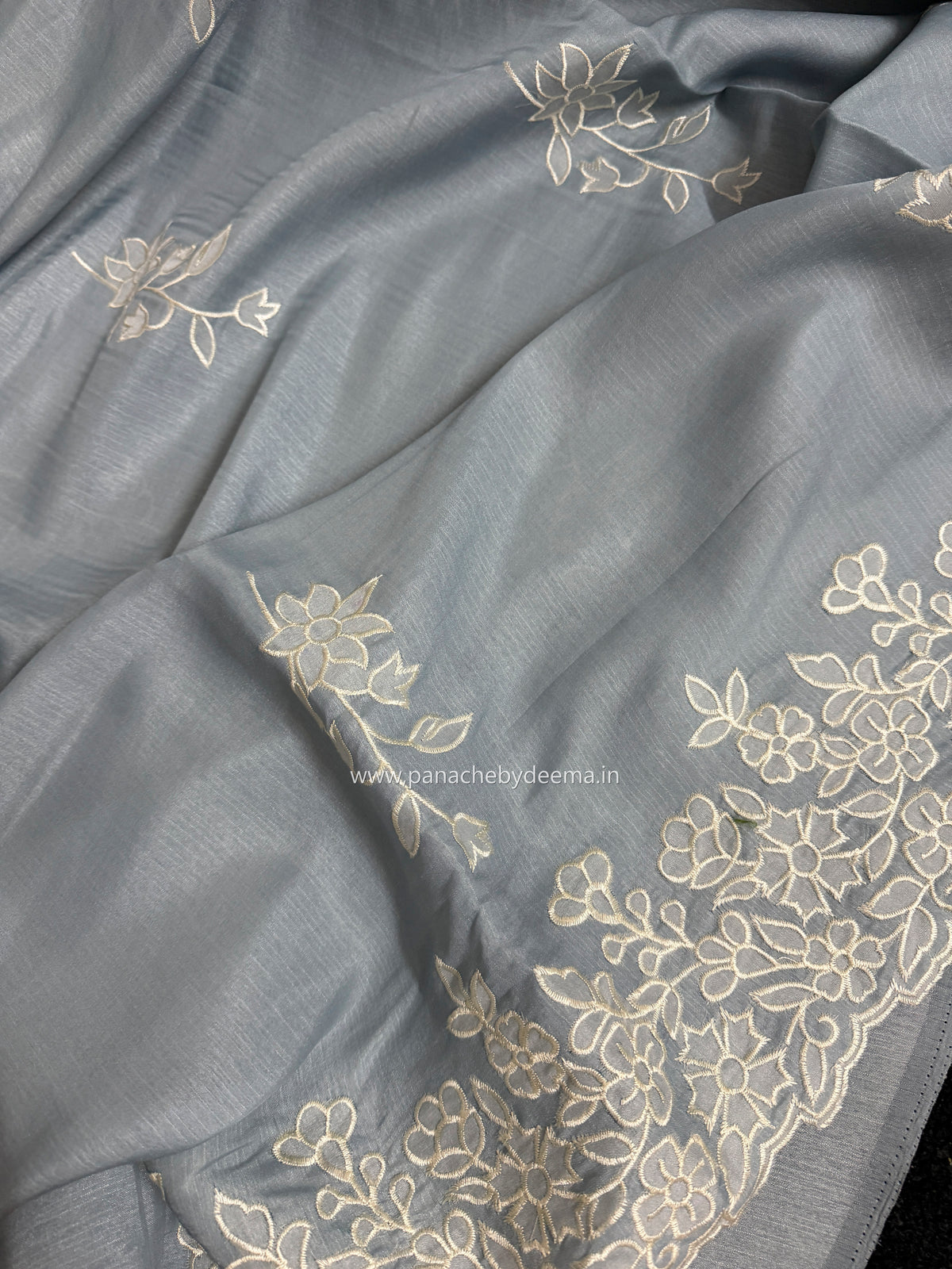 Semi tussar applique cut work saree with scalloped borders | Slate blue| SOT1