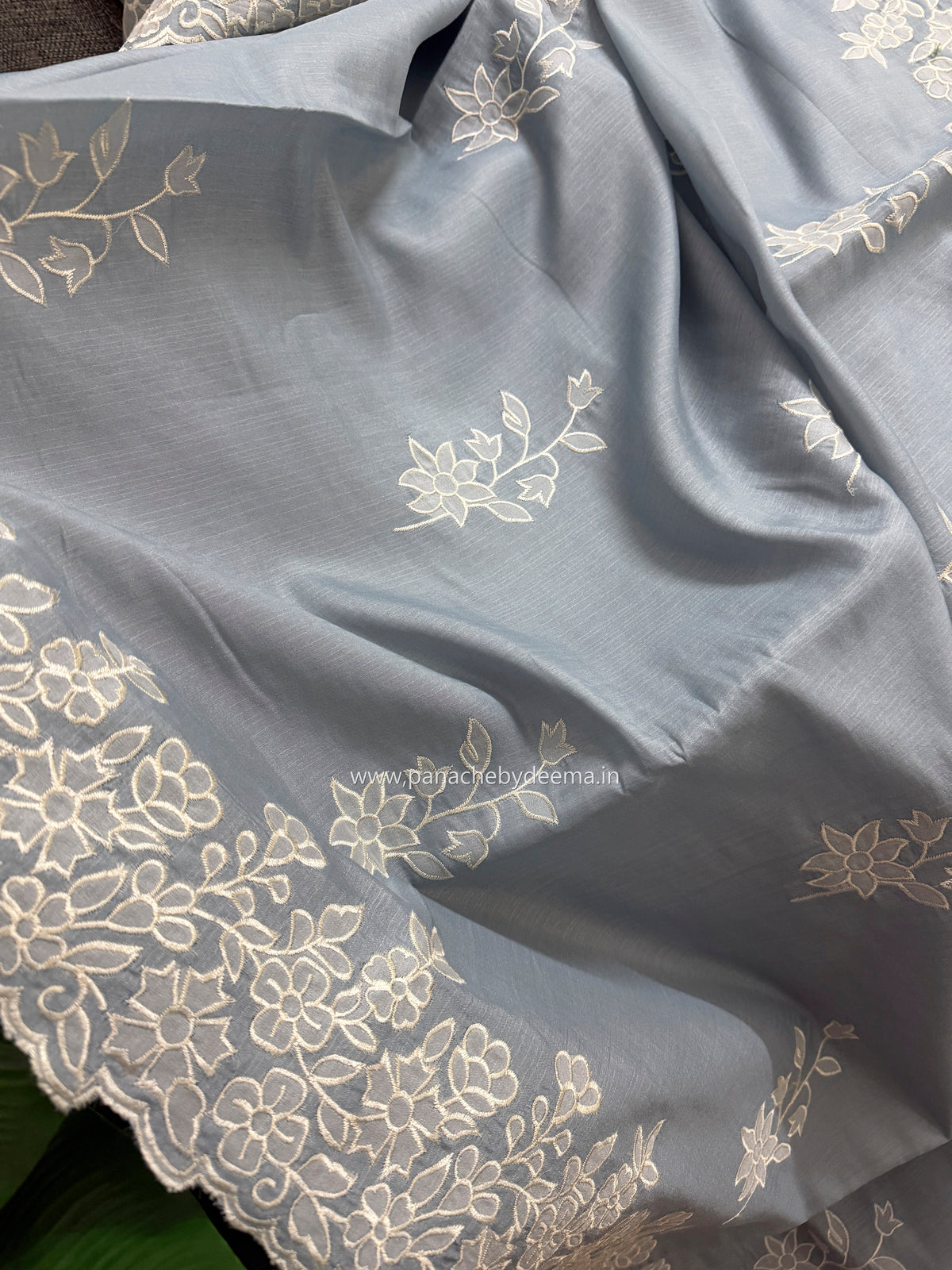Semi tussar applique cut work saree with scalloped borders | Slate blue| SOT1