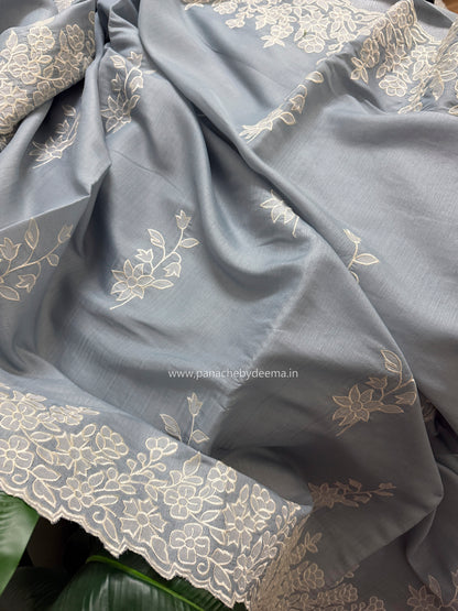 Semi tussar applique cut work saree with scalloped borders | Slate blue| SOT1