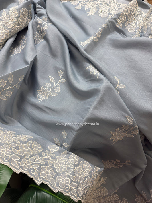 Semi tussar applique cut work saree with scalloped borders | Slate blue| SOT1