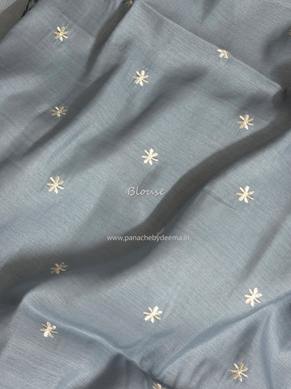 Semi tussar applique cut work saree with scalloped borders | Slate blue| SOT1