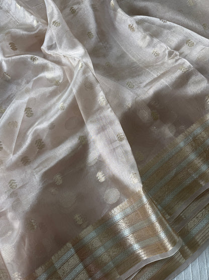 Pure tissue silk saree with gold and silver zari weaving | Light Champagne gold with a shade of pink | PTS1banarasi