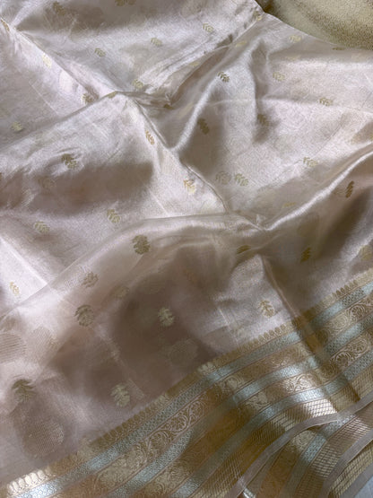 Pure tissue silk saree with gold and silver zari weaving | Light Champagne gold with a shade of pink | PTS1banarasi