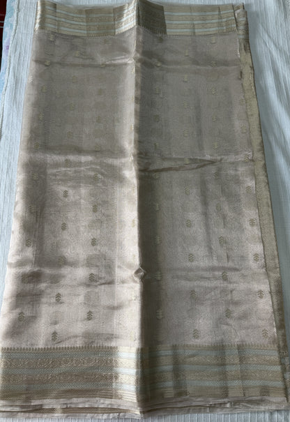 Pure tissue silk saree with gold and silver zari weaving | Light Champagne gold with a shade of pink | PTS1banarasi