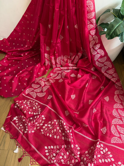Matka silk designer saree with embroidery | Dark pink | SC2