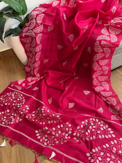 Matka silk designer saree with embroidery | Dark pink | SC2