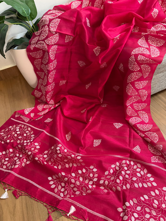 Matka silk designer saree with embroidery | Dark pink | SC2