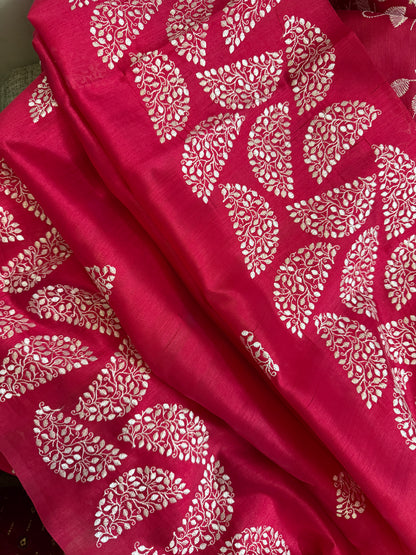 Matka silk designer saree with embroidery | Dark pink | SC2
