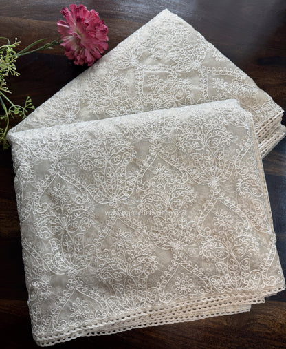 Tissue organza saree with embroidery and crochet lace edges | Offwhite Ivory | ATS2