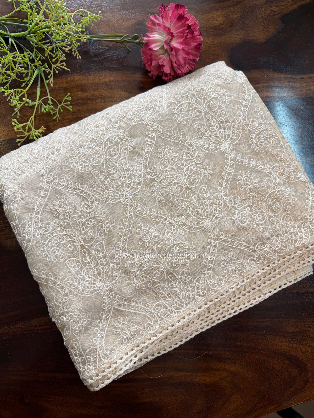 Tissue organza saree with embroidery and crochet lace edges | Offwhite Ivory | ATS2