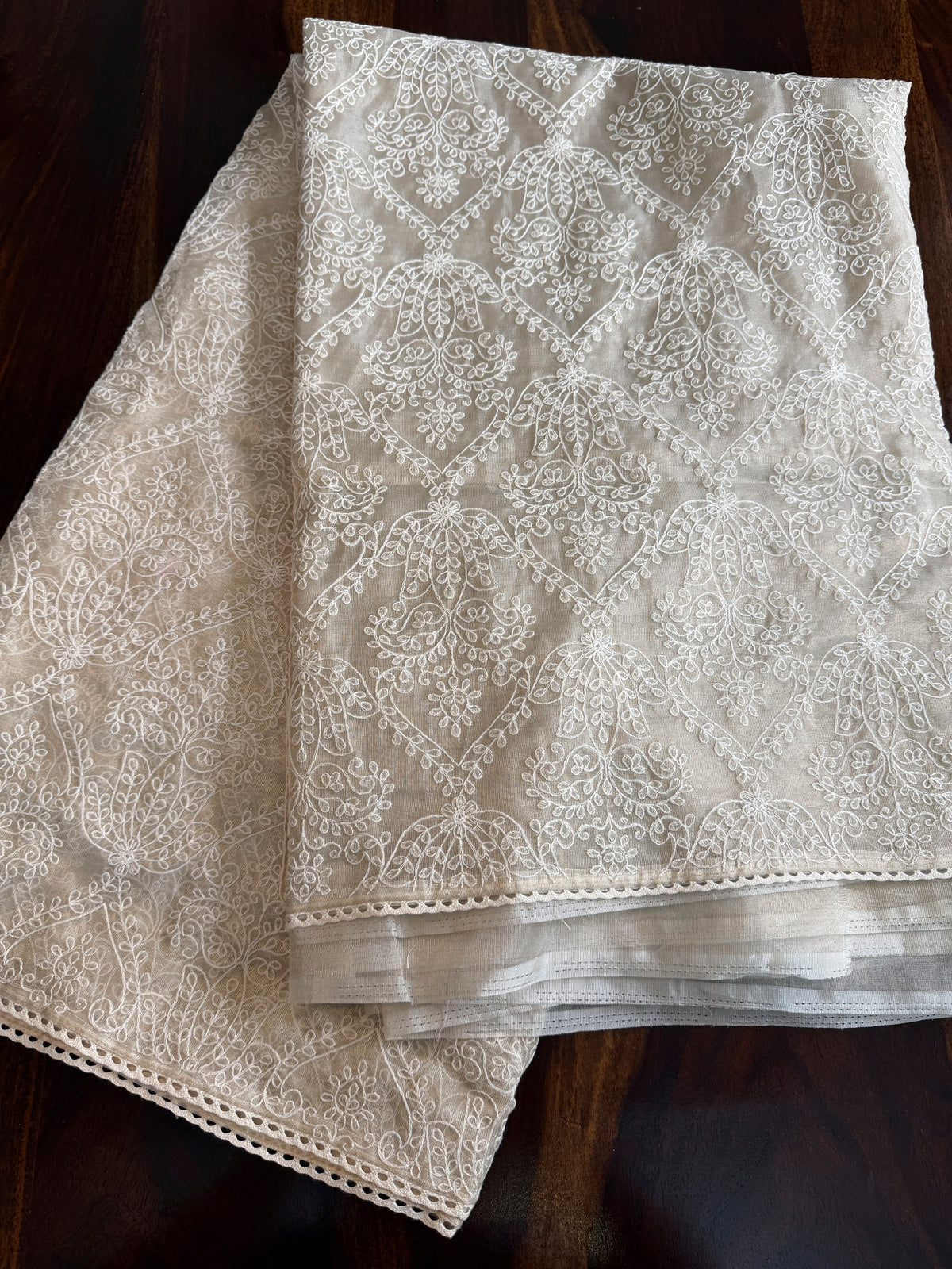 Tissue organza saree with embroidery and crochet lace edges | Offwhite Ivory | ATS2