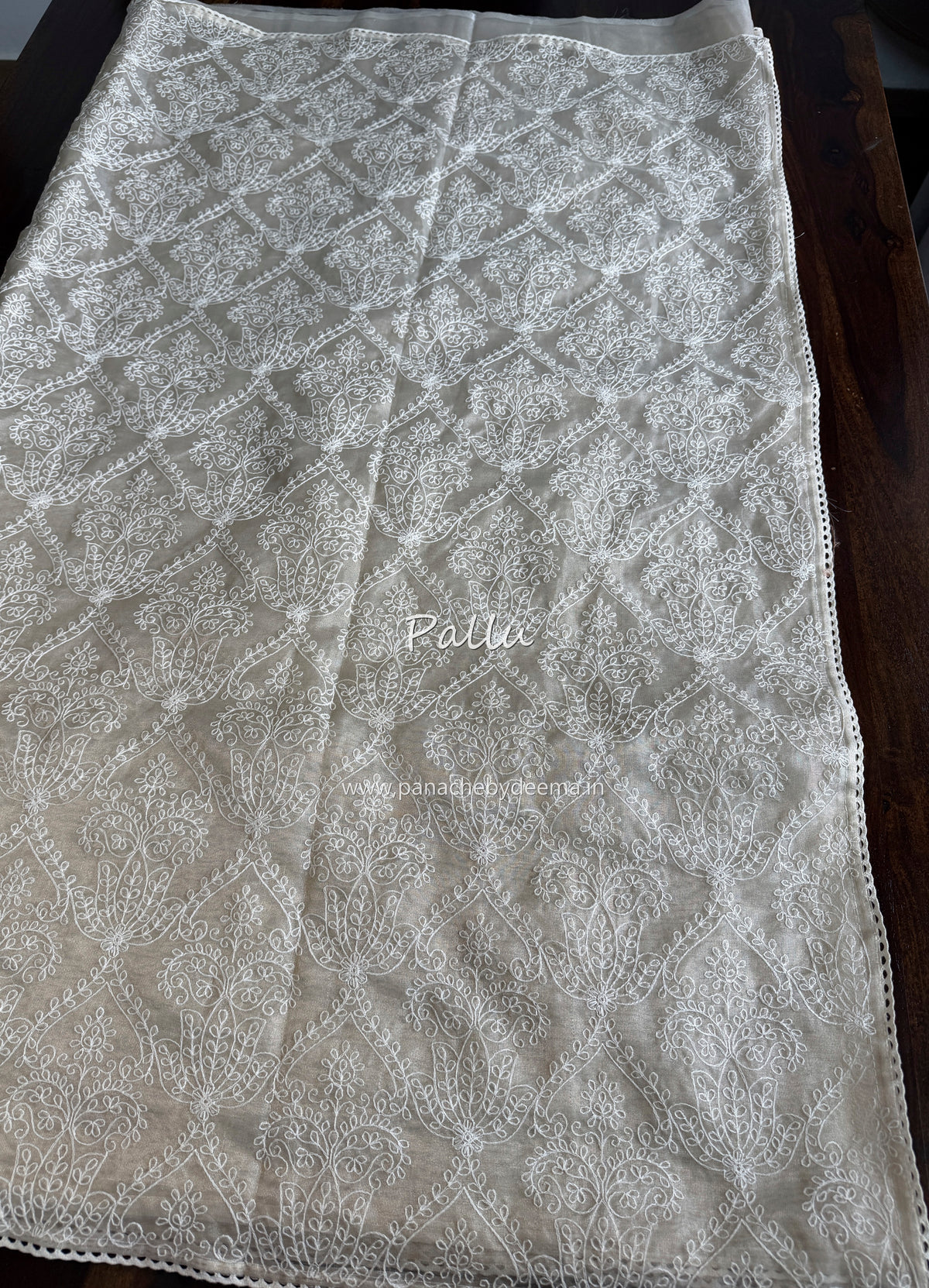 Tissue organza saree with embroidery and crochet lace edges | Offwhite Ivory | ATS2