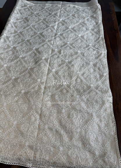 Tissue organza saree with embroidery and crochet lace edges | Offwhite Ivory | ATS2