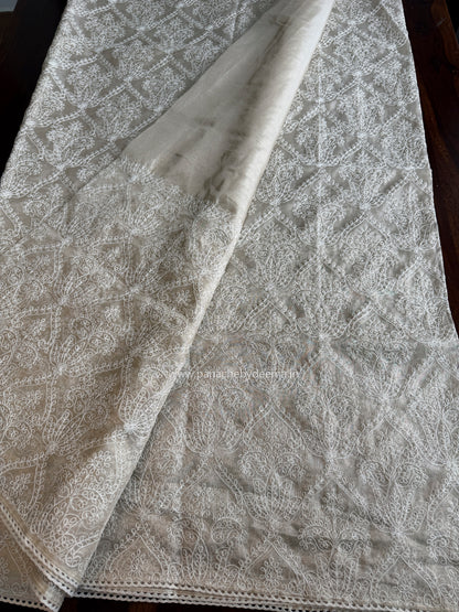 Tissue organza saree with embroidery and crochet lace edges | Offwhite Ivory | ATS2