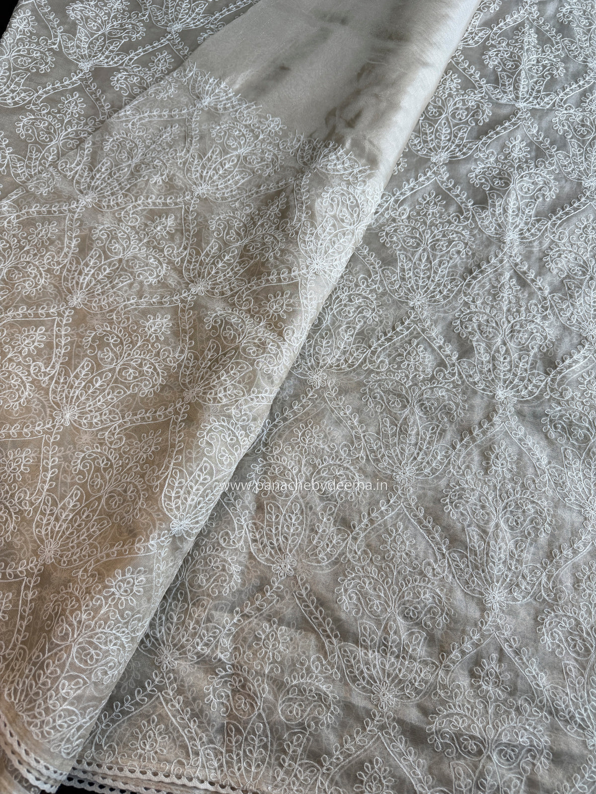 Tissue organza saree with embroidery and crochet lace edges | Offwhite Ivory | ATS2
