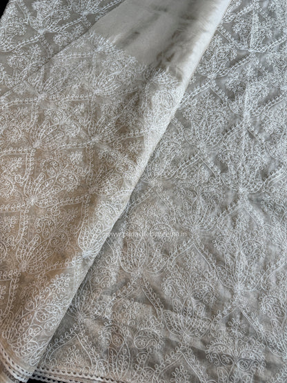 Tissue organza saree with embroidery and crochet lace edges | Offwhite Ivory | ATS2