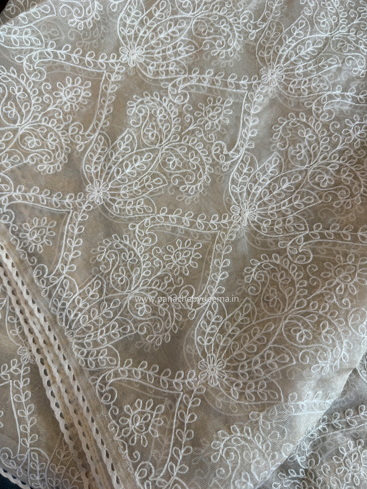 Tissue organza saree with embroidery and crochet lace edges | Offwhite Ivory | ATS2