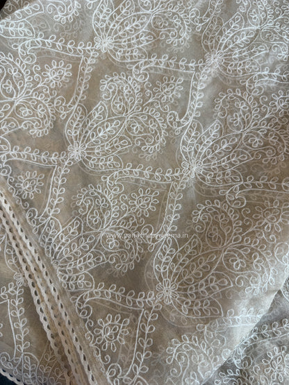 Tissue organza saree with embroidery and crochet lace edges | Offwhite Ivory | ATS2