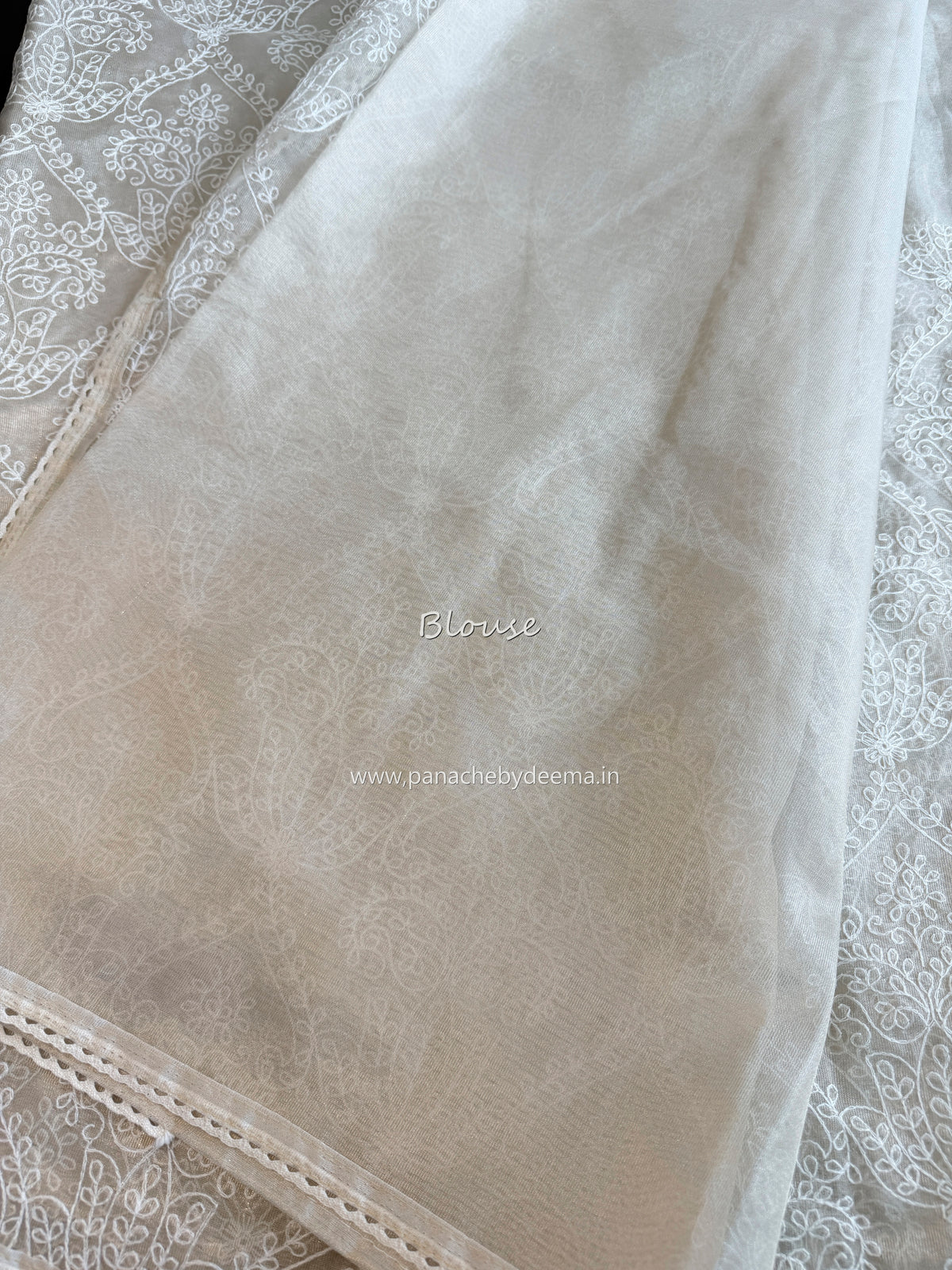 Tissue organza saree with embroidery and crochet lace edges | Offwhite Ivory | ATS2