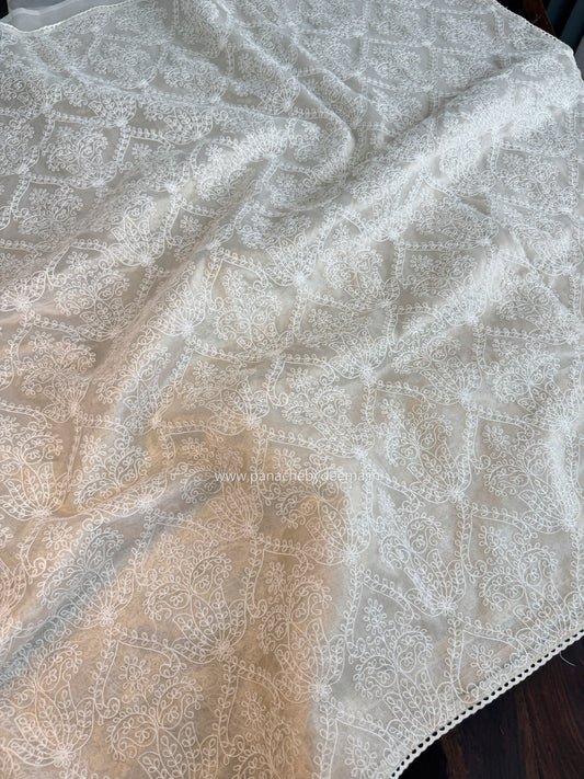 Tissue organza saree with embroidery and crochet lace edges | Offwhite Ivory | ATS2