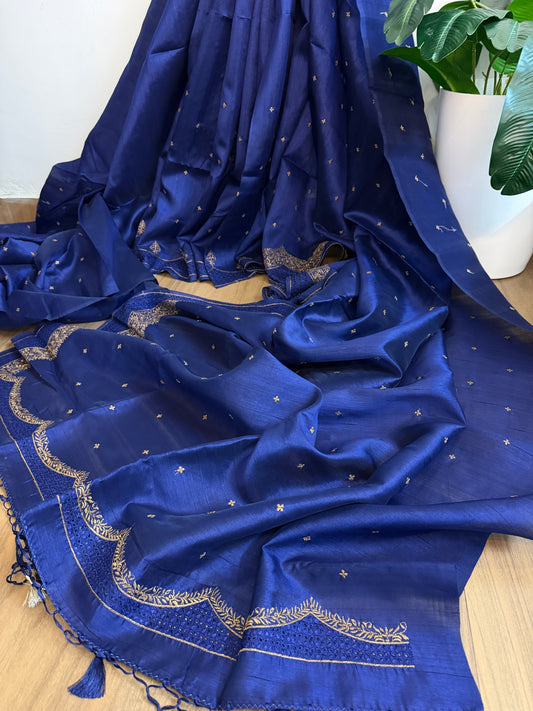 Semi raw silk designer saree with cut work borders and embroidery | Dark Blue | DY6
