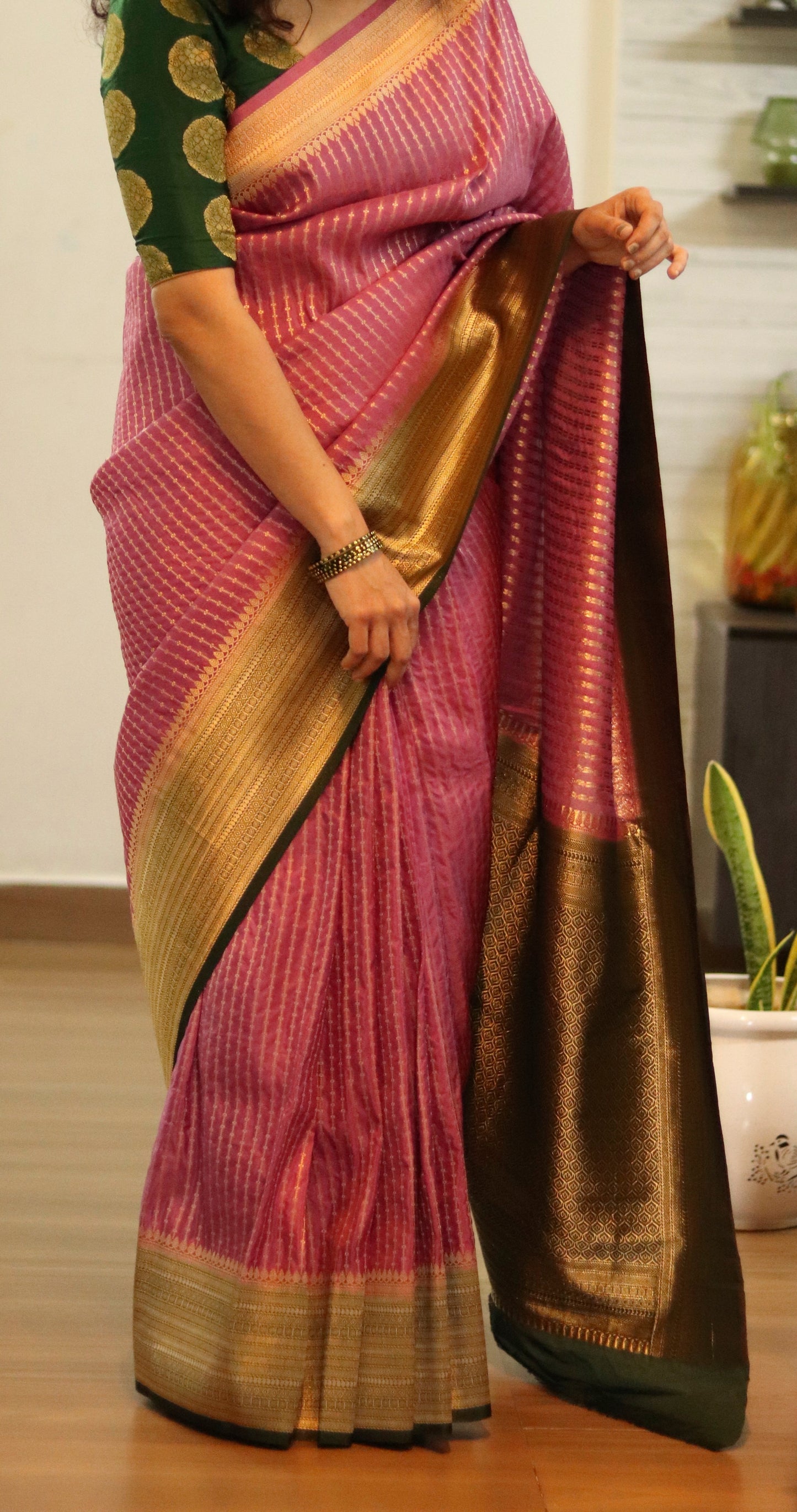 Semi banarasi georgette silk saree with contrast border |pink with green border | KD2