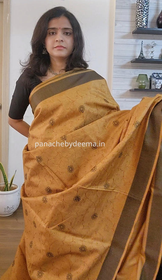 Beautiful semi tussar saree with beautiful thread embroidery | Mustard yellow | RF3