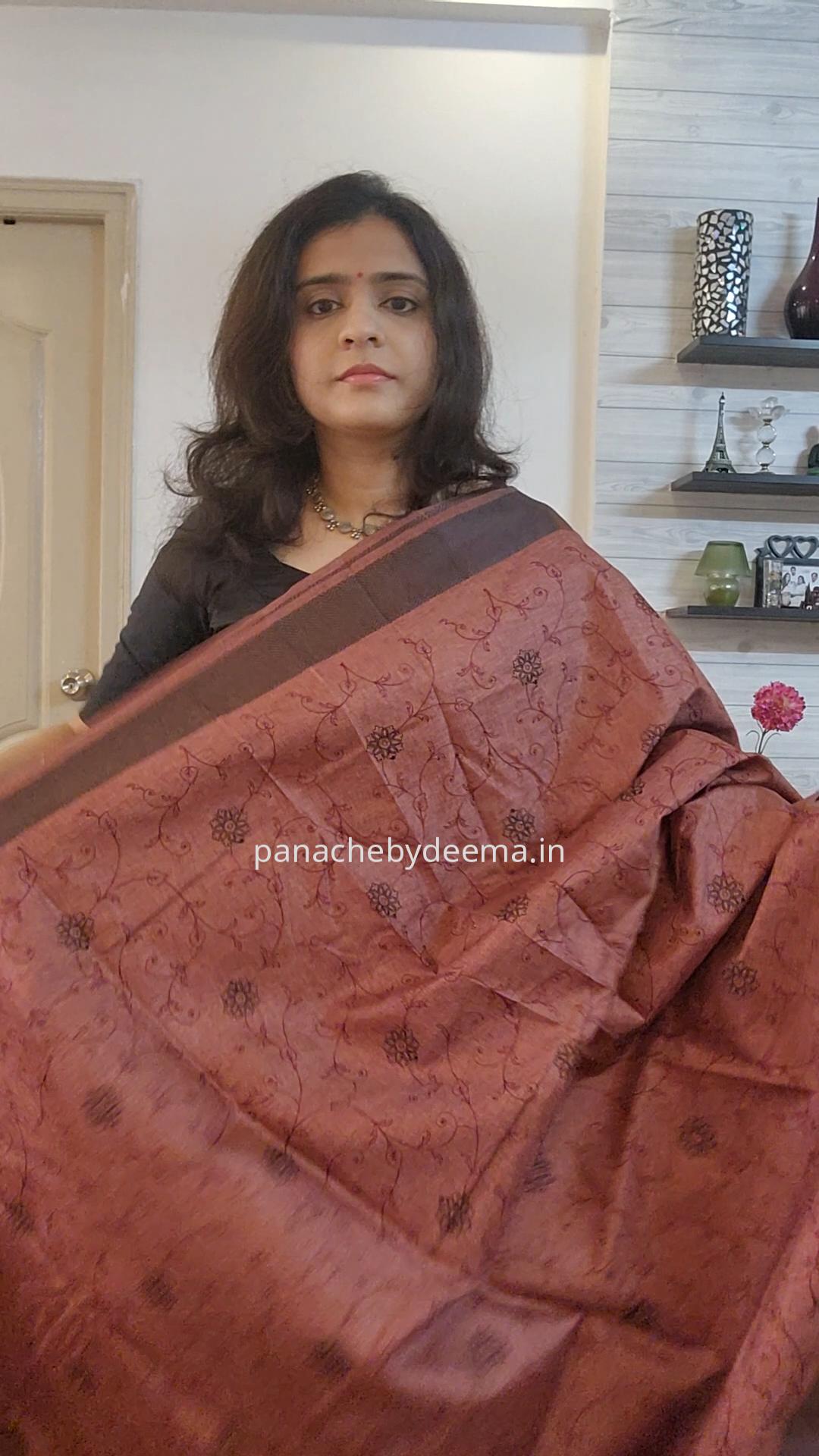 Beautiful semi tussar saree with beautiful thread embroidery | Maroon | RF5