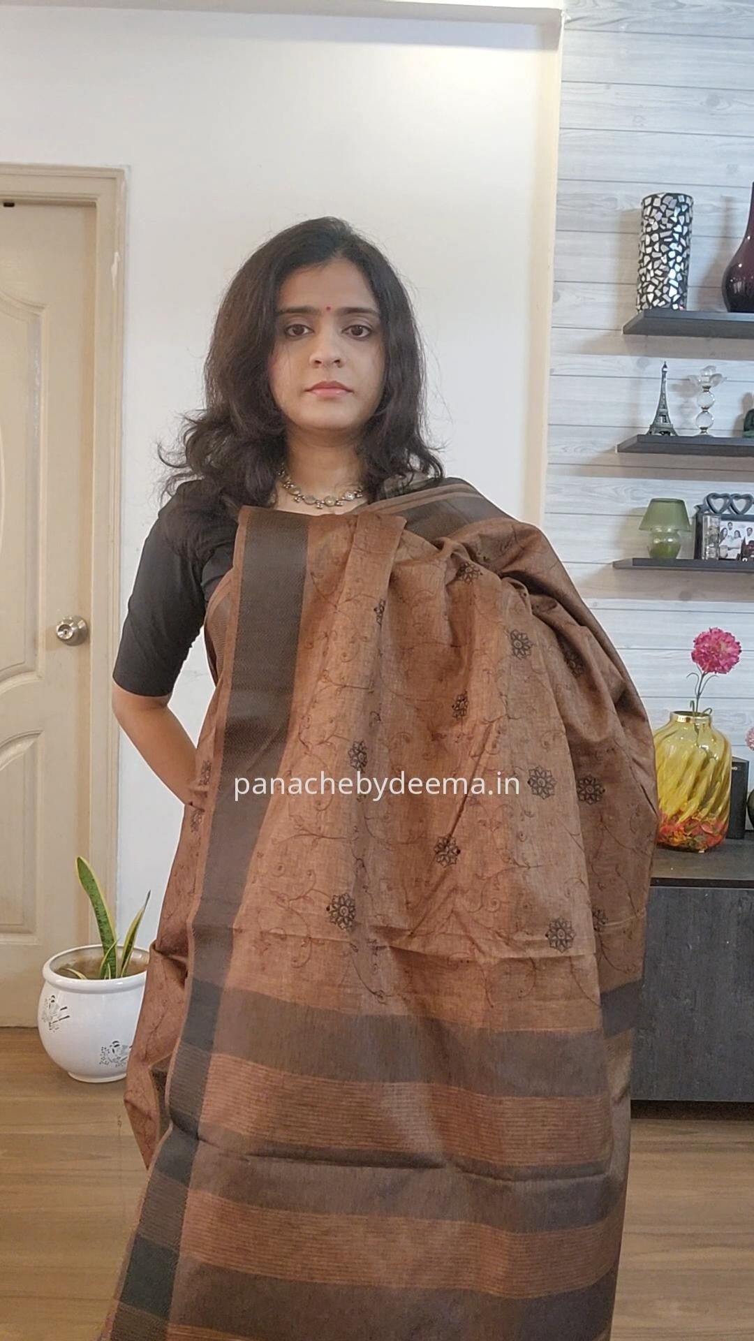 Beautiful semi tussar saree with beautiful thread embroidery | Brown | RF6
