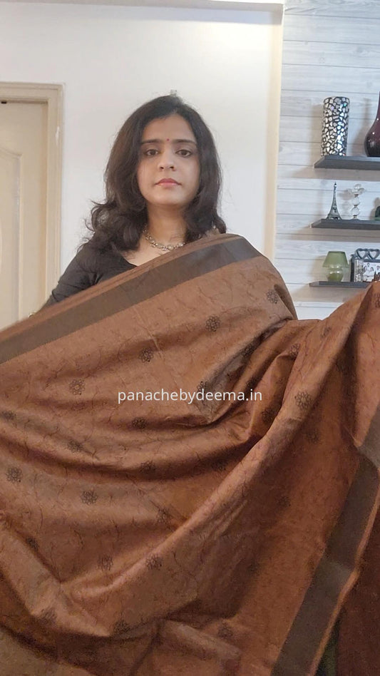 Beautiful semi tussar saree with beautiful thread embroidery | Brown | RF6