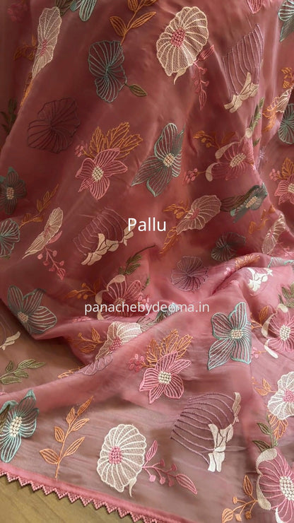 Organza saree with multi colour embroidery and lace borders | Peach | VS2