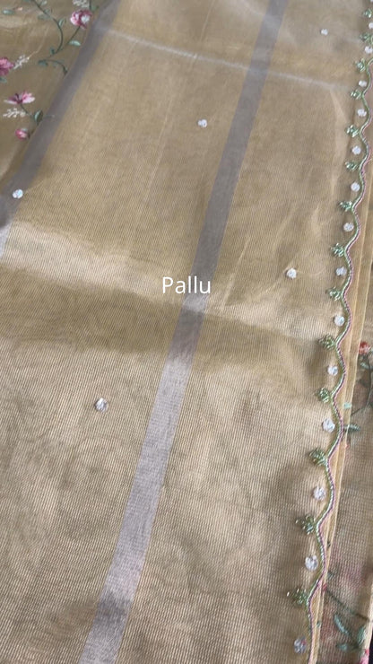Kota tissue saree with embroidery and handworked scalloped edges |Gold|Tis9